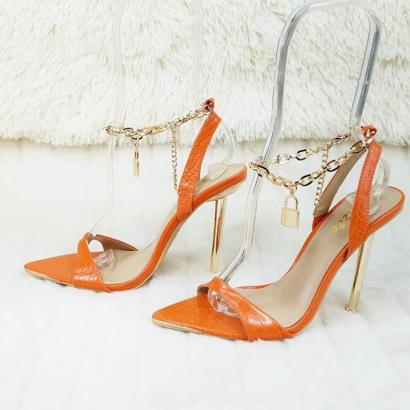 Nicely Lock Chain Strap High Heels Metal Toe Tip Orange Super Cute - Picture 8 of 13
